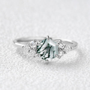 Sylvie’s Hexagon | Moss Agate Three Stone Cluster Engagement Ring.