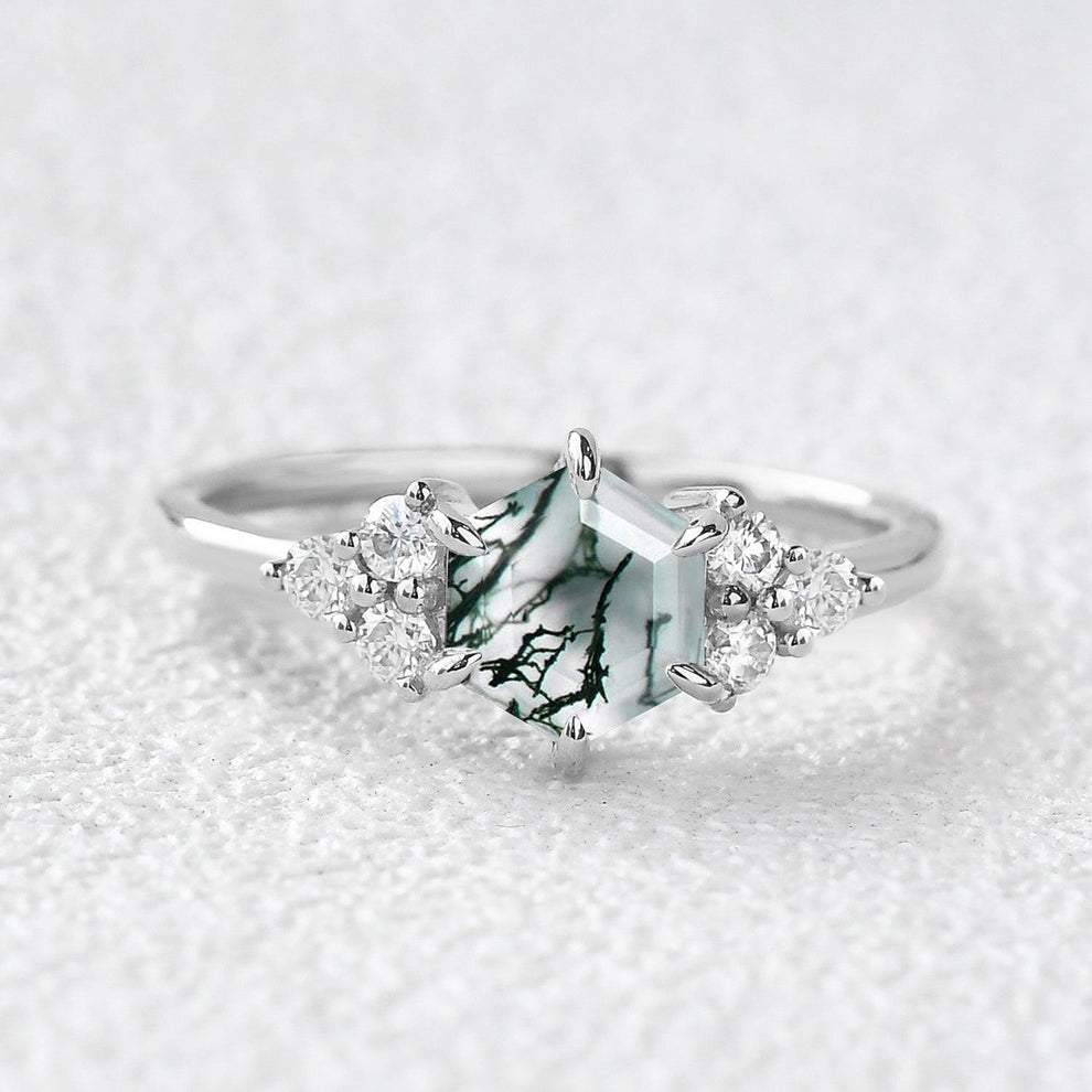Sylvie’s Hexagon | Moss Agate Three Stone Cluster Engagement Ring.