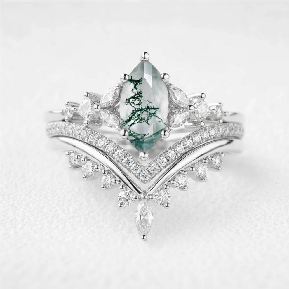 Sylvie’s Convergence | Marquise Moss Agate Chevron Trio Bridal Set