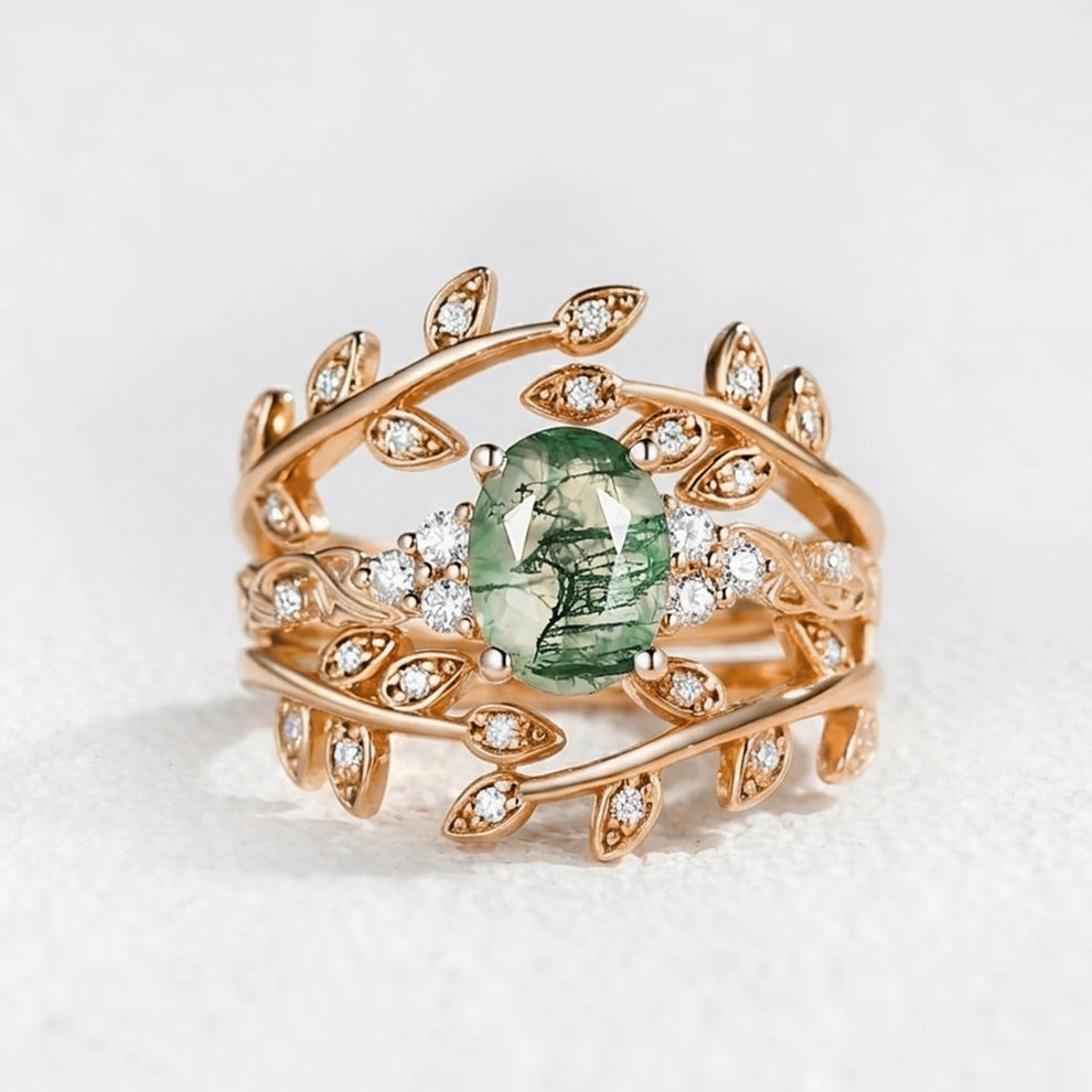 Honorée Moss Agate Leafy Branch Enhancer Ring Set 2pcs.