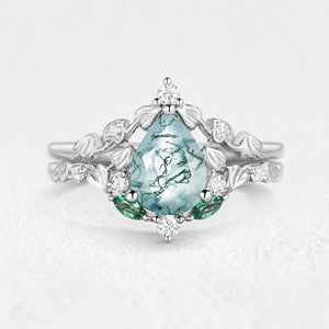 Unique Heart Leaf Moss Agate Engagement Ring Set