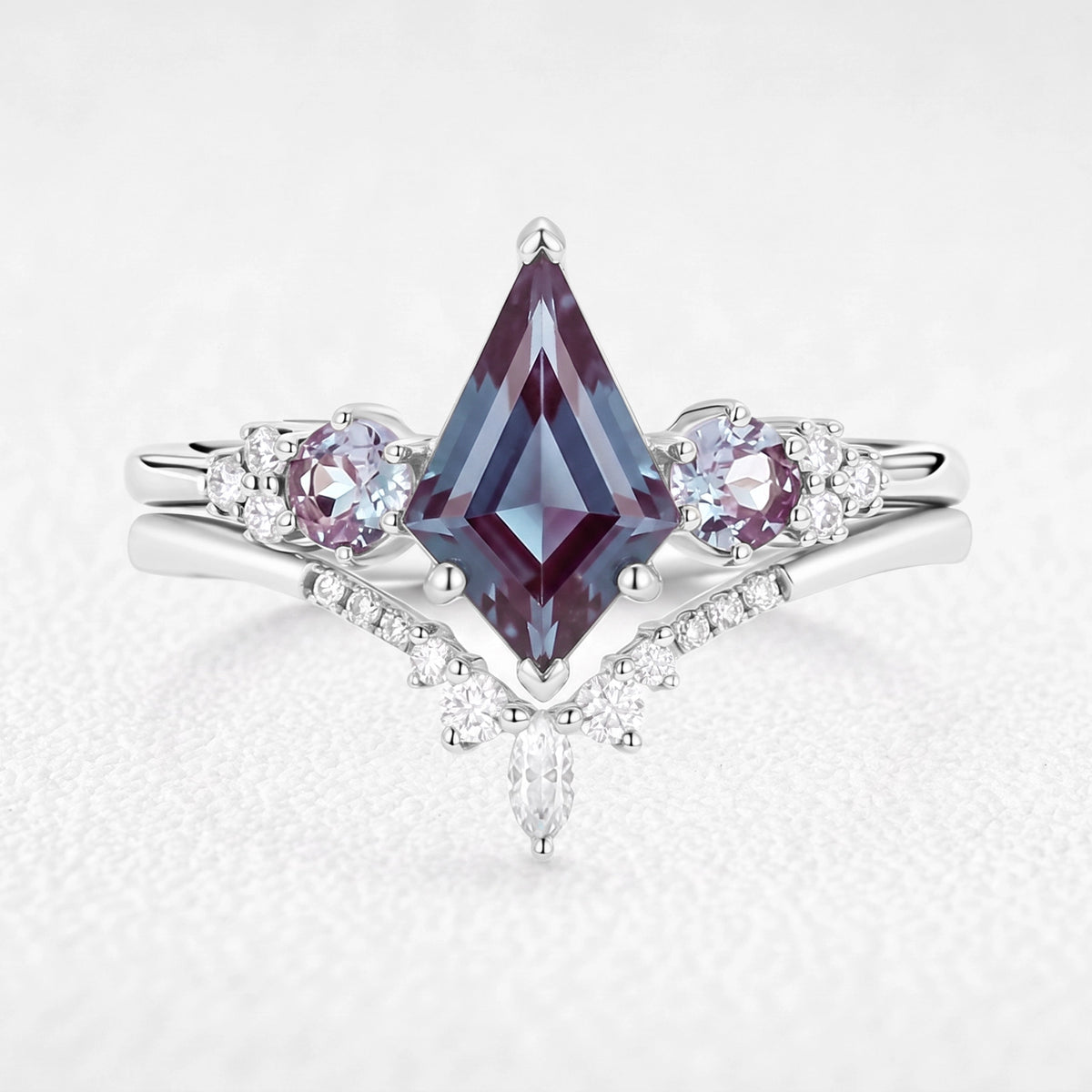 Sylvie’s Frond | Kite Cut Alexandrite Cluster Chevron Bridal Set 2pcs