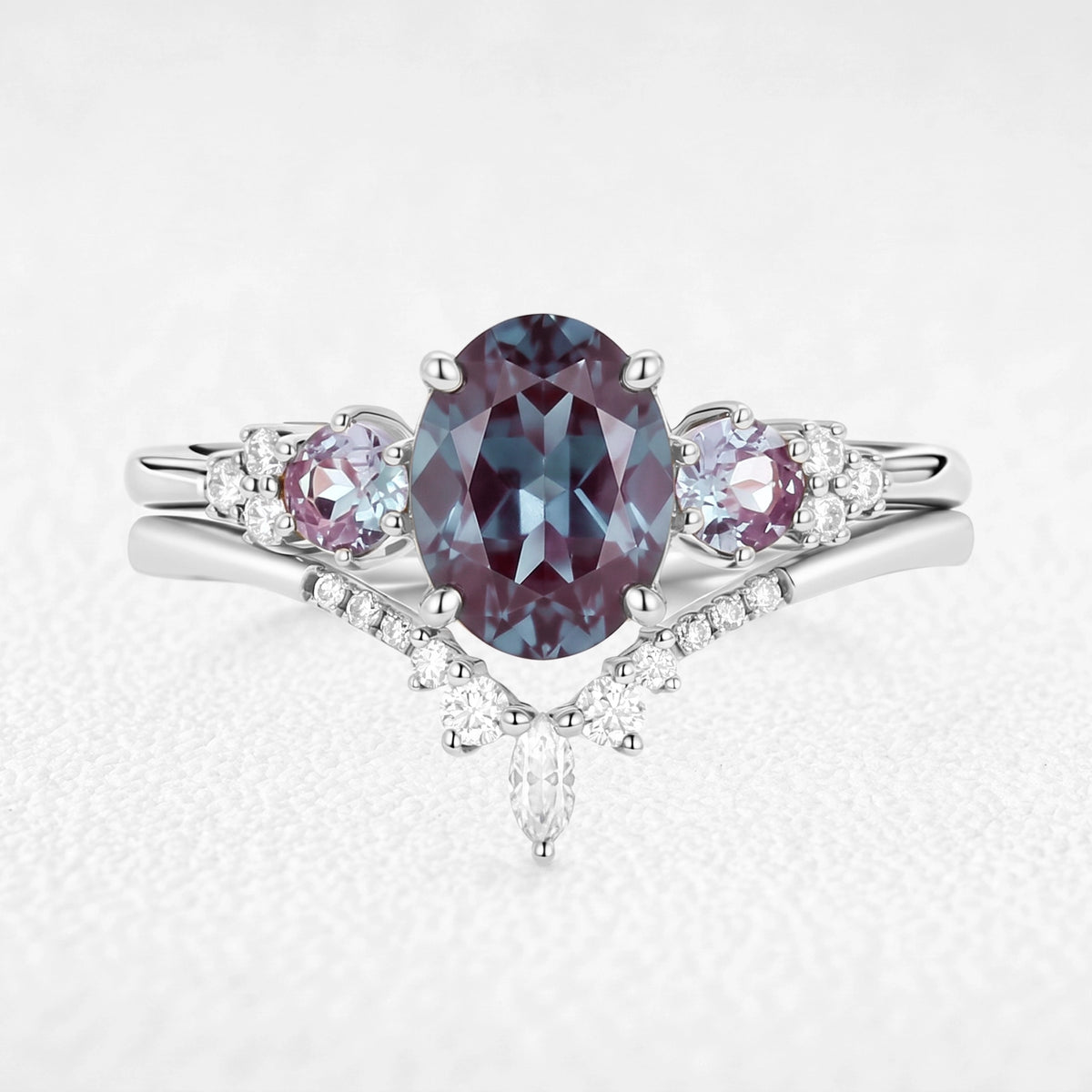 Sylvie’s Frond | Oval Cut Alexandrite Cluster Chevron Bridal Set 2pcs