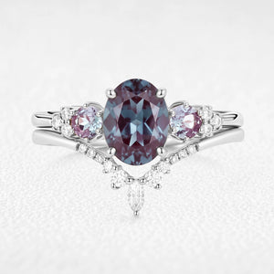 Sylvie’s Frond | Oval Cut Alexandrite Cluster Chevron Bridal Set 2pcs