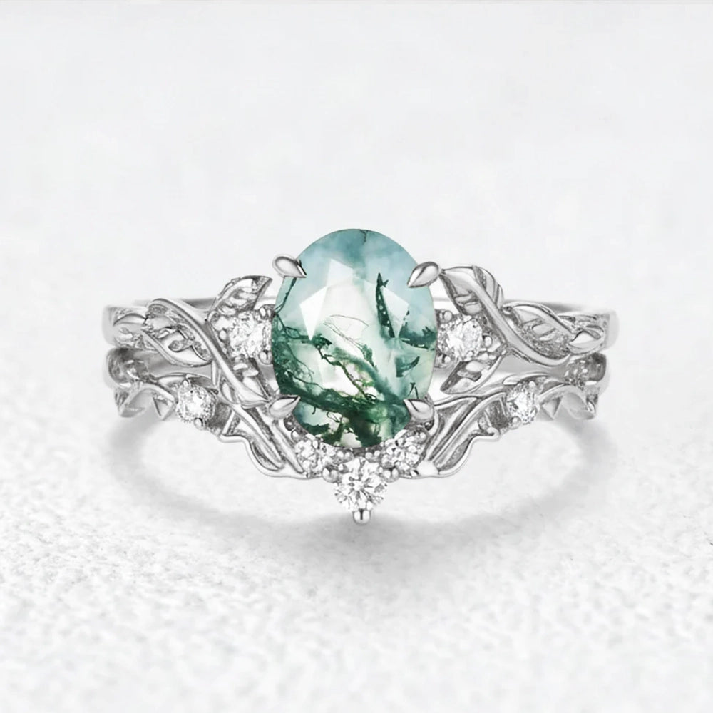 Rosalind’s Arbor | Oval Cut Moss Agate Leaf Branch Bridal Set 2pcs.
