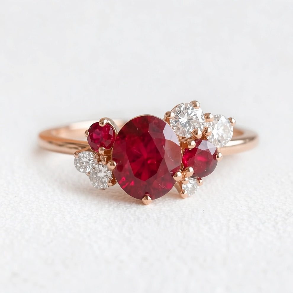 Dainty 1CT Oval Cut Ruby Halo Engagement Ring.