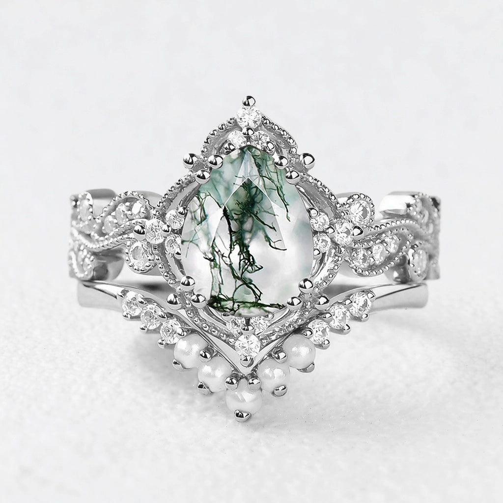 Nyx’s Eclipse | Black Gold Pear Moss Agate & Pearl Engagement Ring Set 2pcs