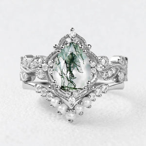 Nyx’s Eclipse | Black Gold Pear Moss Agate & Pearl Engagement Ring Set 2pcs