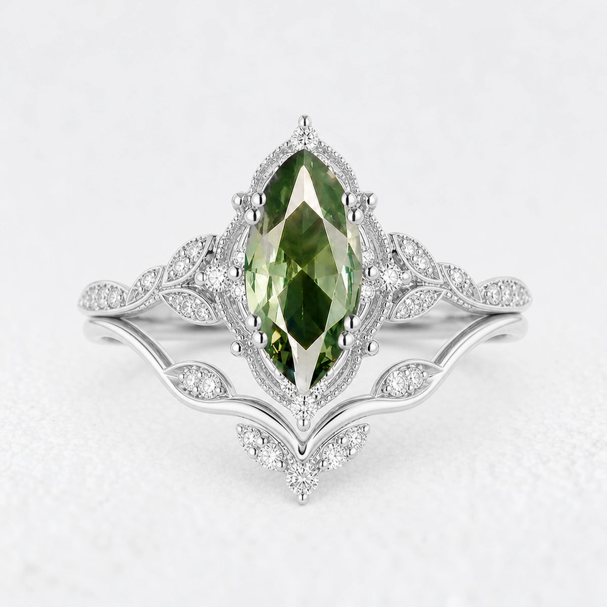 Marguerite’s Laurel | Marquise Green Sapphire Vine Bridal Duo