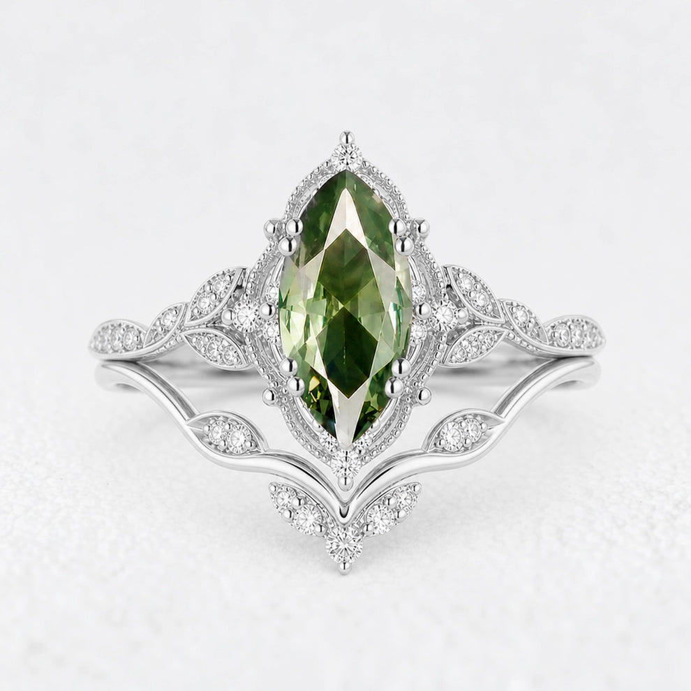 Marguerite’s Laurel | Marquise Green Sapphire Vine Bridal Duo