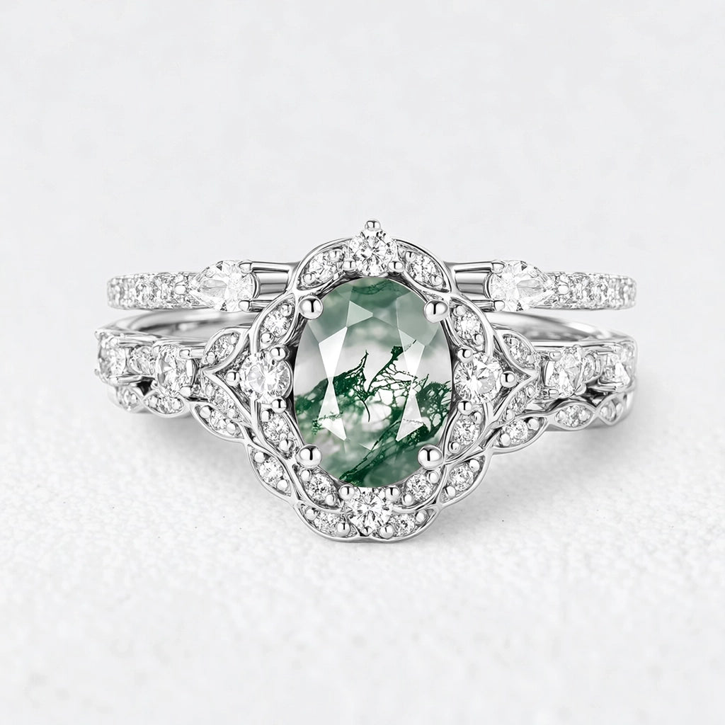 Alexandra’s Heritage | Oval Moss Agate Cluster Bridal Trilogy