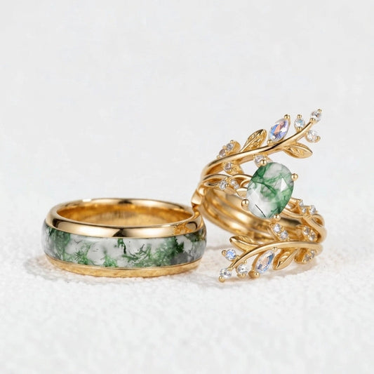 Sylvie’s Blackwood | Black Gold & Oval Moss Agate Couple Ring Set 3pcs.