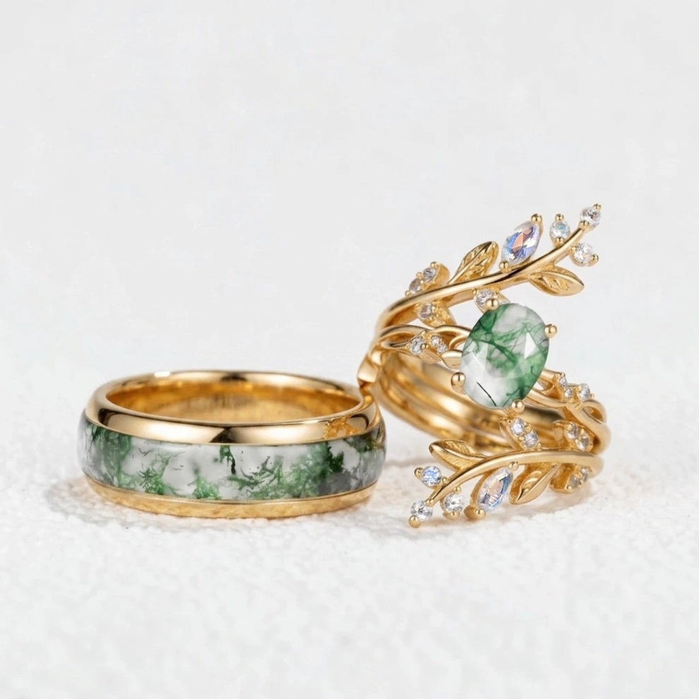 Sylvie’s Blackwood | Black Gold & Oval Moss Agate Couple Ring Set 3pcs.
