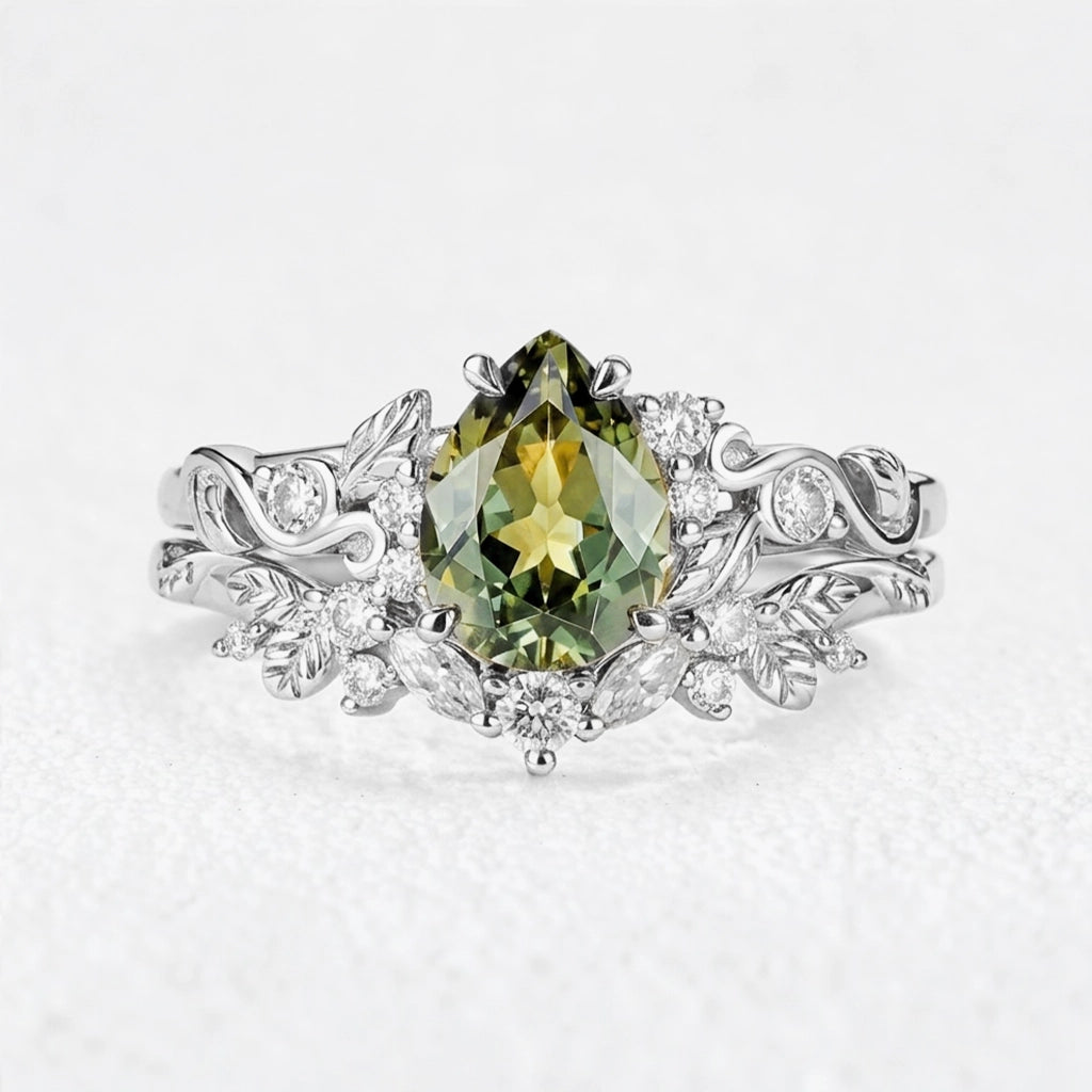 Sylvie’s Vine | 1.3CT Vintage Green Sapphire & Leaf Bridal Set 2pcs