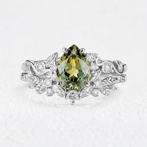 Sylvie’s Vine | 1.3CT Vintage Green Sapphire & Leaf Bridal Set 2pcs