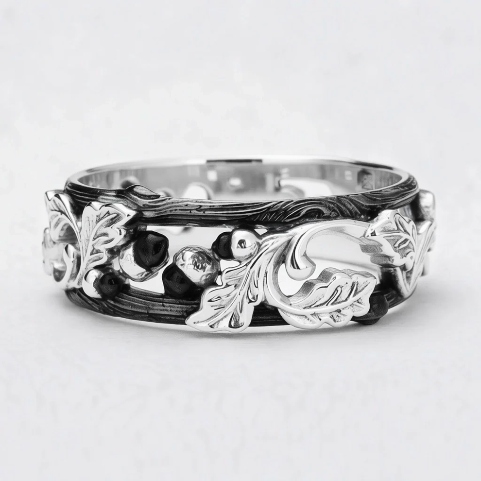 The Dark Grove | An Openwork Wide Band of Oak & Acorn.