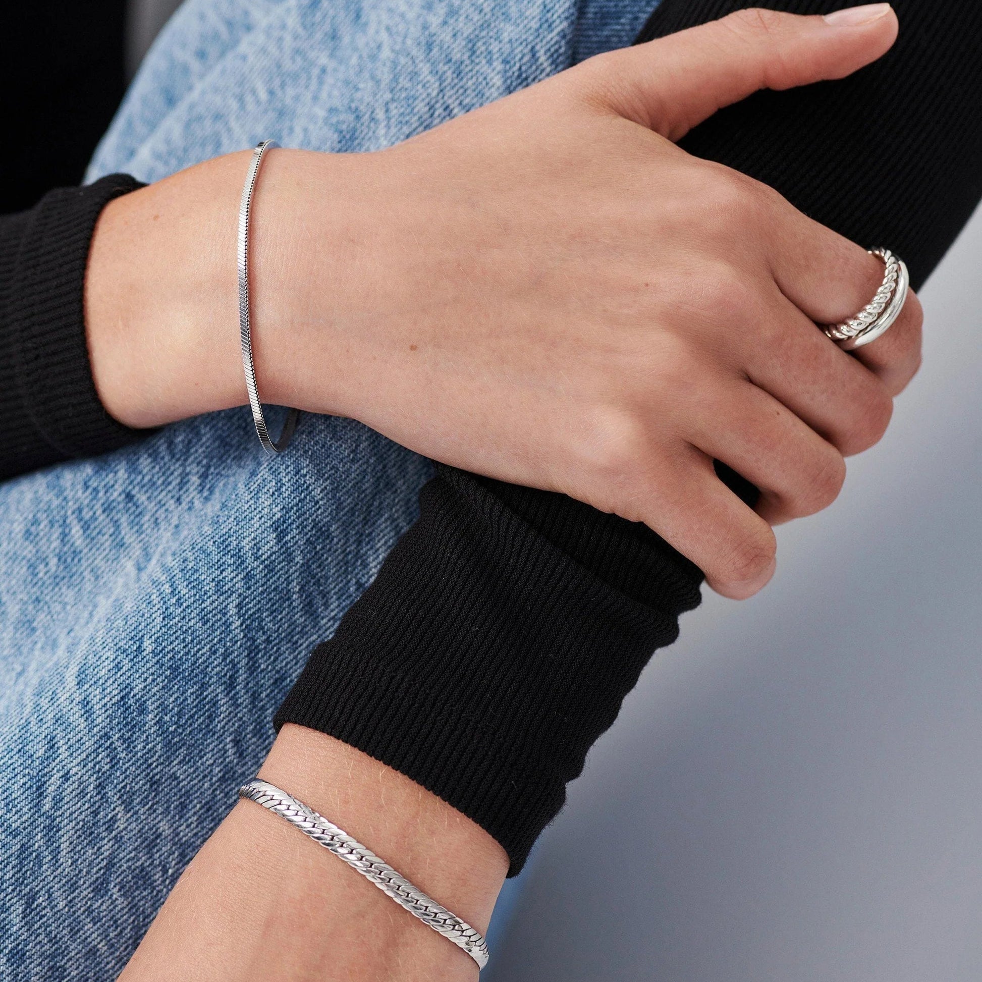 White Gold Plated Silver Square Snake Chain Bracelet.