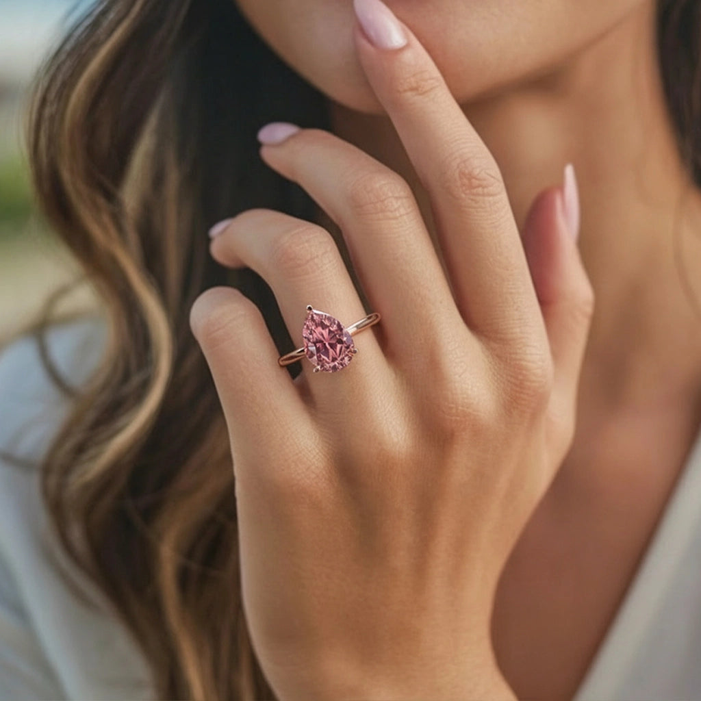 Celina 3CT Pear Cut Pink Solitaire Gemstone Ring.