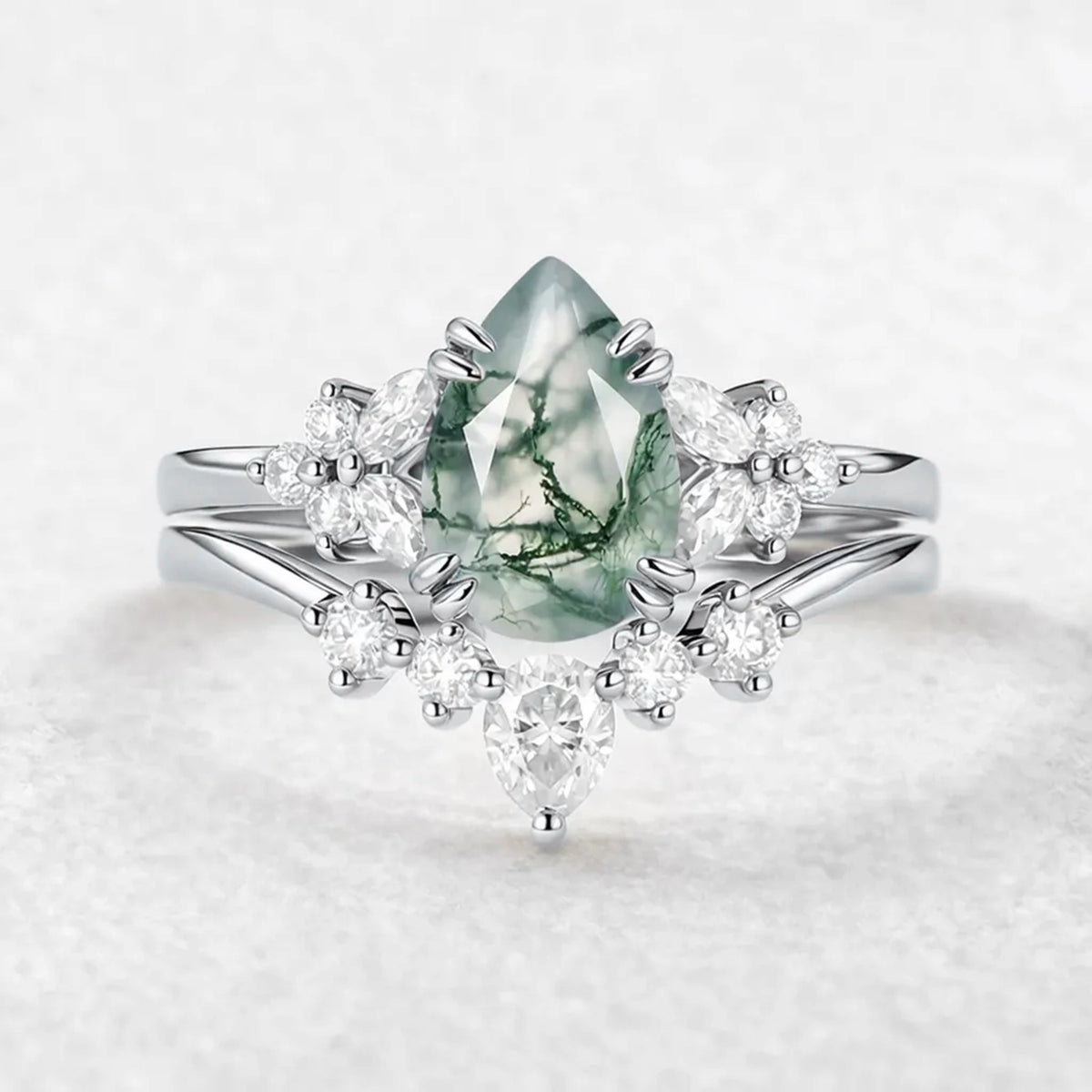 Cerys Pear Shaped Moss Agate Cluster Chevron Gold Ring Set 2pcs.