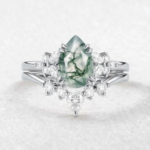 Cerys Pear Shaped Moss Agate Cluster Chevron Gold Ring Set 2pcs.