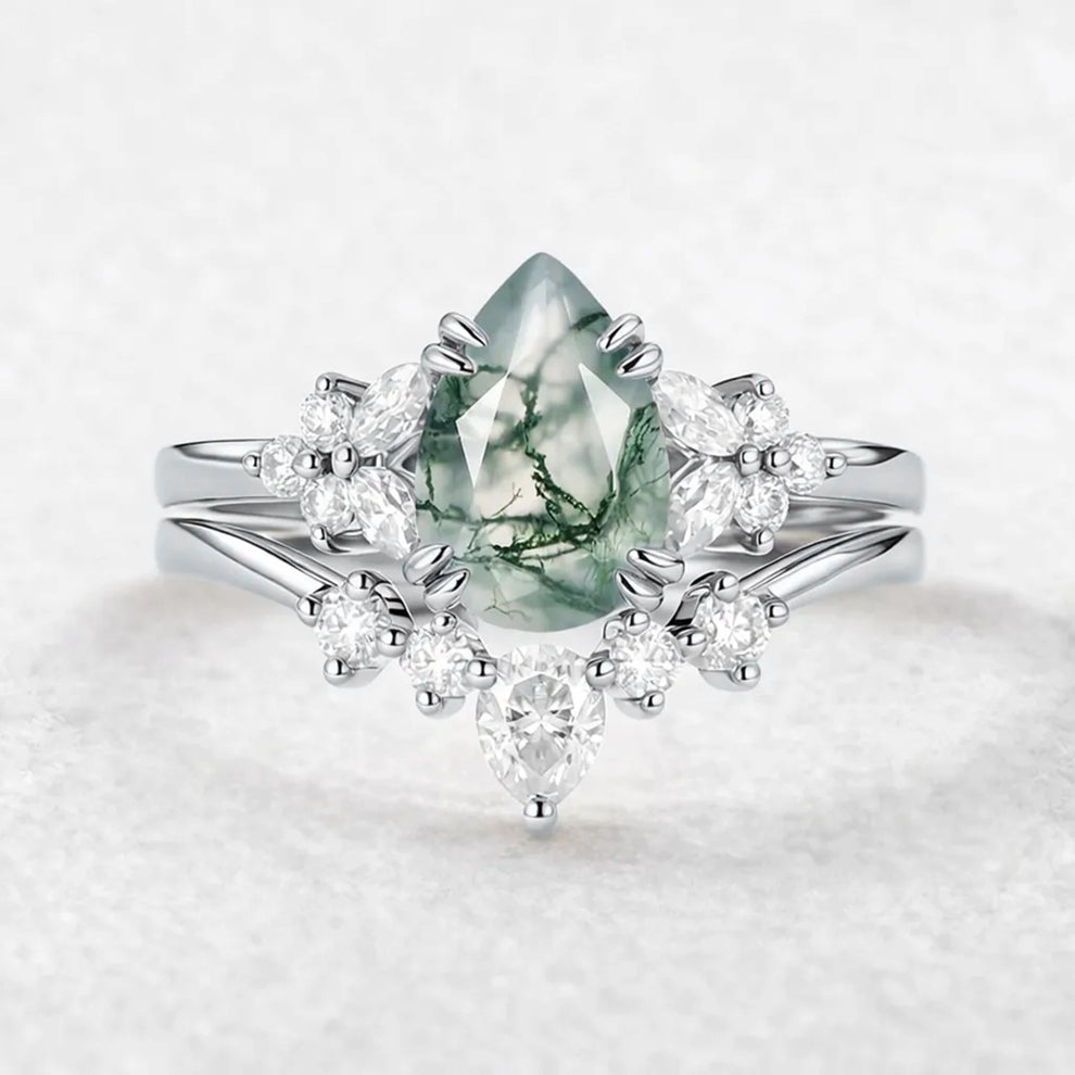 Cerys Pear Shaped Moss Agate Cluster Chevron Gold Ring Set 2pcs.