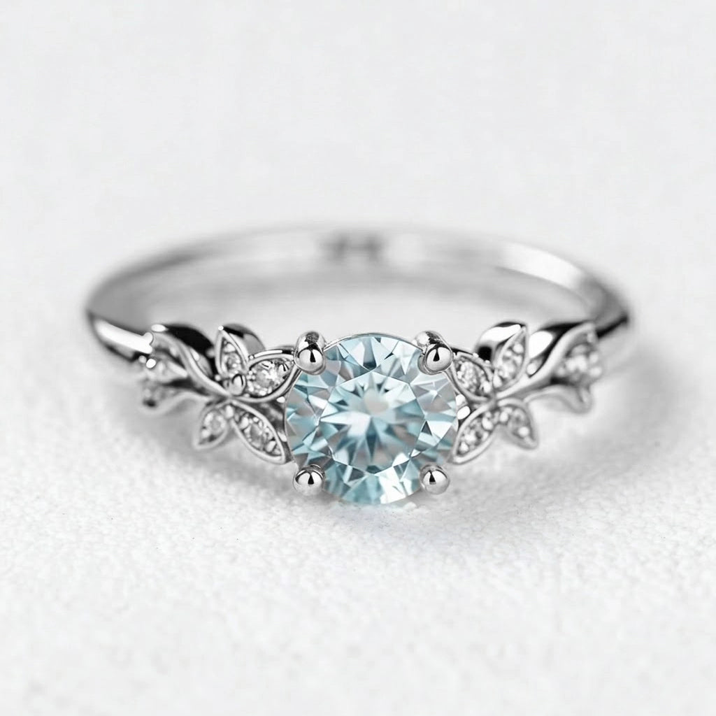 Marina’s Foliage | Round Blue Aquamarine Leafy Engagement Ring.