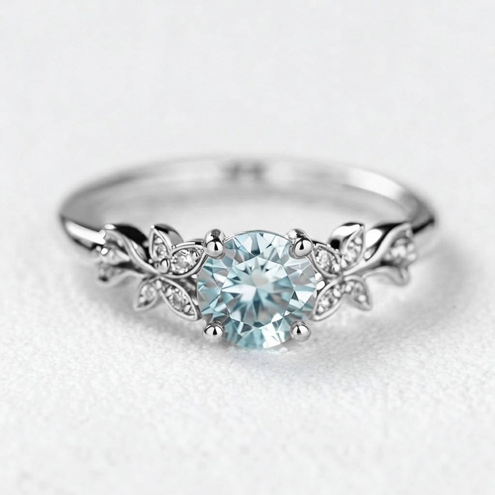 Marina’s Foliage | Round Blue Aquamarine Leafy Engagement Ring.