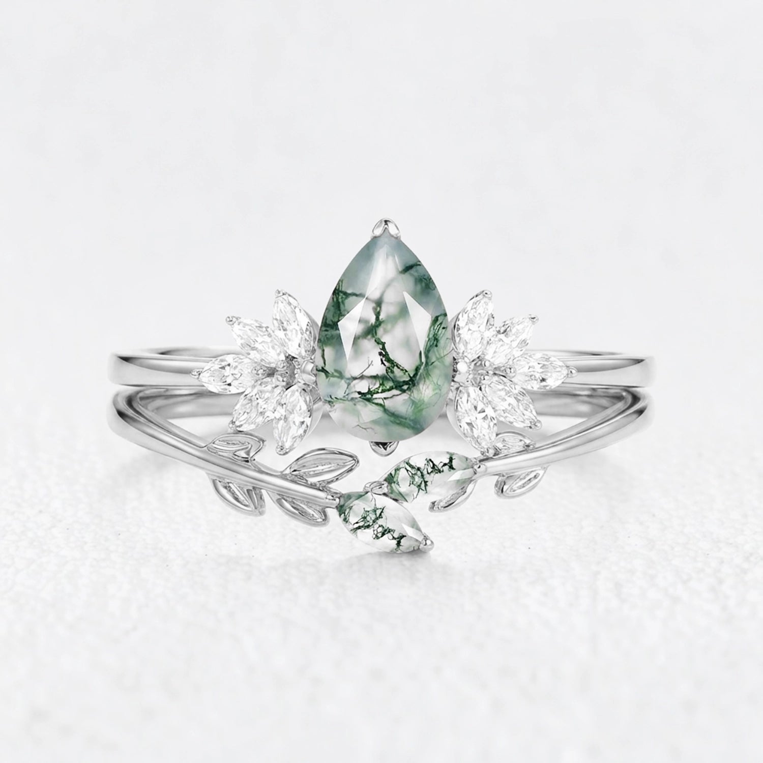 Daphne’s Verdure | Pear Cut Moss Agate Foliage Bridal Duo