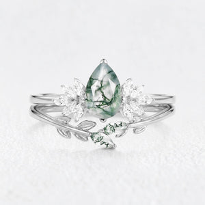 Daphne’s Verdure | Pear Cut Moss Agate Foliage Bridal Duo