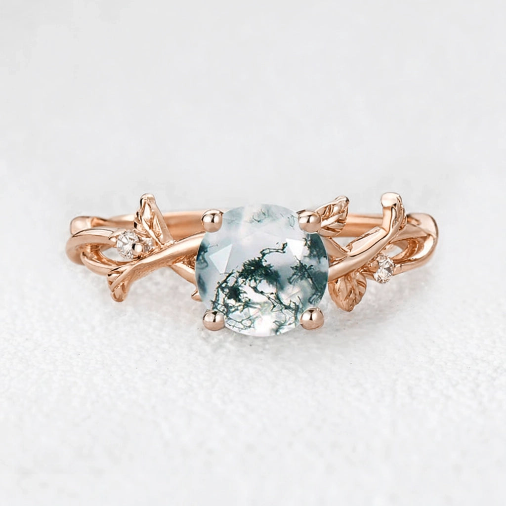 Mirabelle’s Tendril | Round Cut Moss Agate Leafy Engagement Ring.
