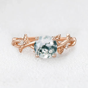 Mirabelle’s Tendril | Round Cut Moss Agate Leafy Engagement Ring.