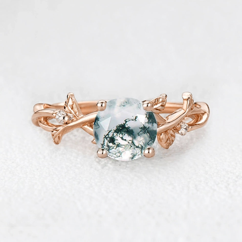 Mirabelle’s Tendril | Round Cut Moss Agate Leafy Engagement Ring.