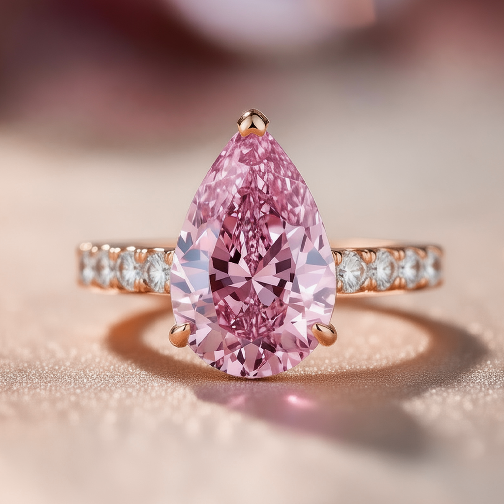 Aurora‘s Grace | 3CT Pear Cut Pink Solitaire Ring.