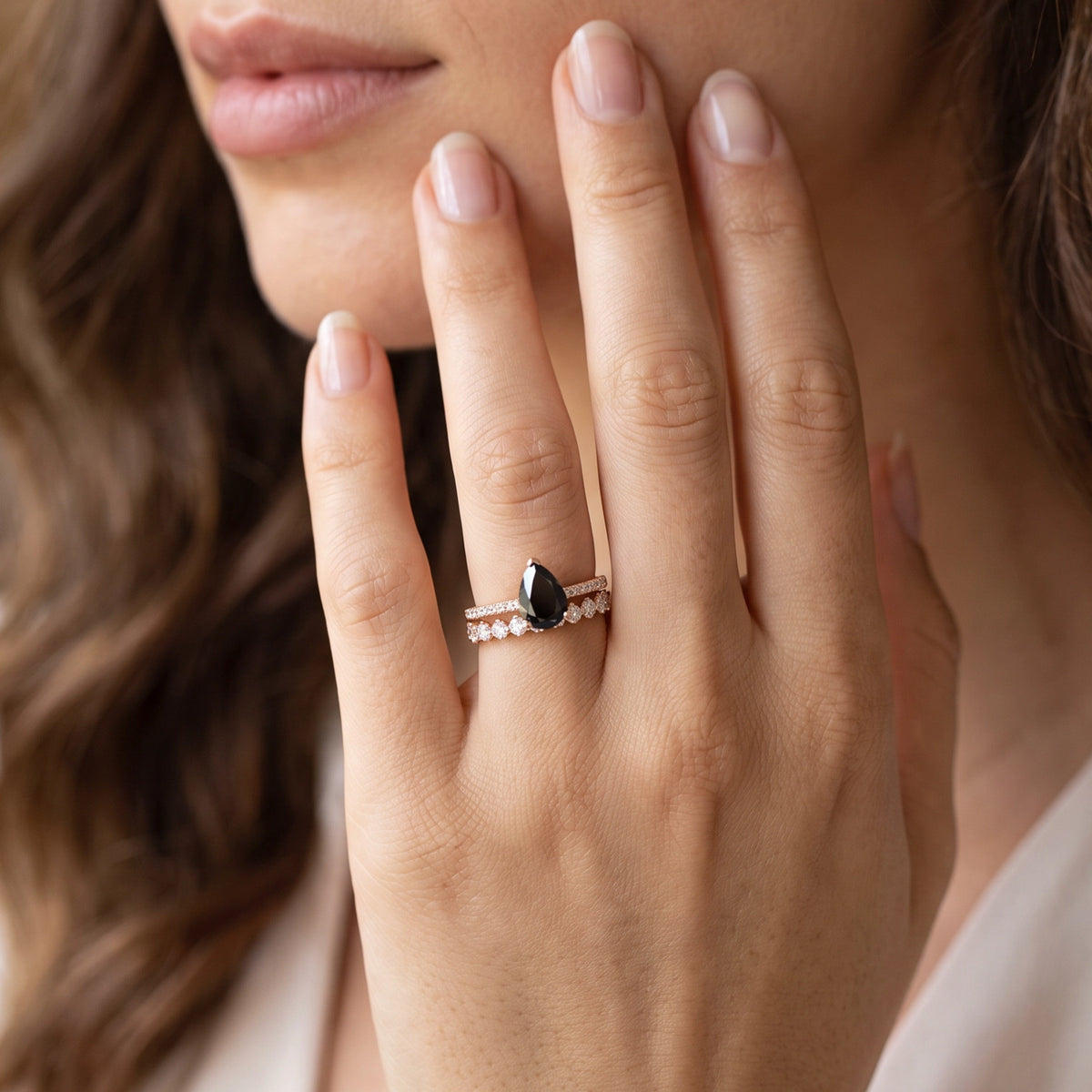 Ophelia’s Eclipse | Pear Cut Black Diamond Solitaire & Pavé Band Bridal Set 2pcs