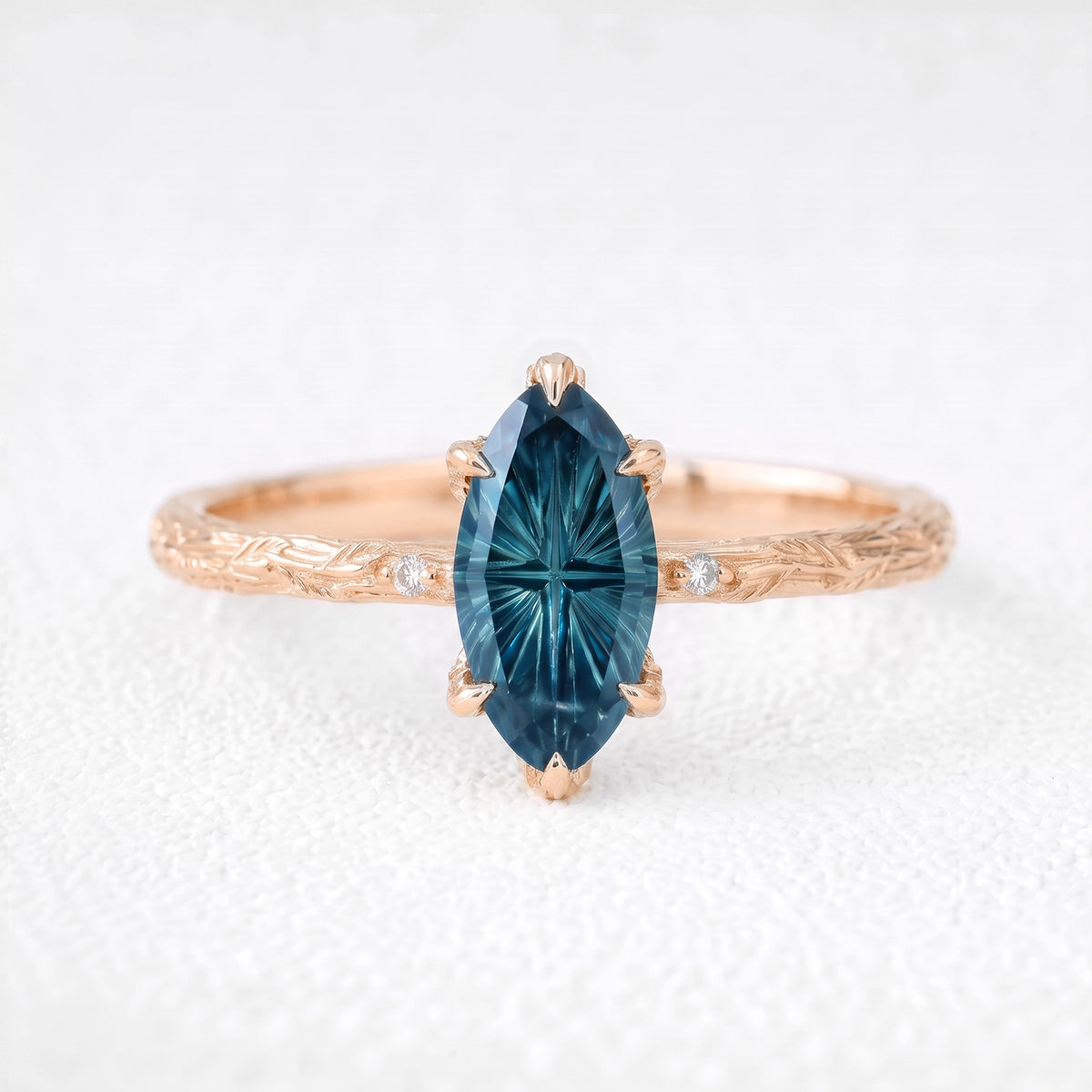 Aurelia’s Vesper | Fantasy-Cut Marquise London Blue Topaz Foliage Filigree Vintage Engagement Ring