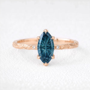 Aurelia’s Vesper | Fantasy-Cut Marquise London Blue Topaz Foliage Filigree Vintage Engagement Ring