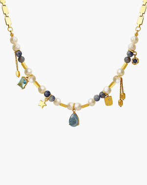 Eclectic Pearl Beaded Gold Chain Gemstone Charm Necklace