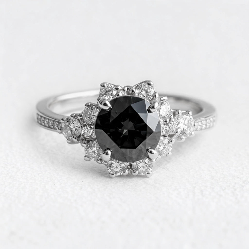 Marina’s Nocturne | Round Black Diamond Halo Engagement Ring.