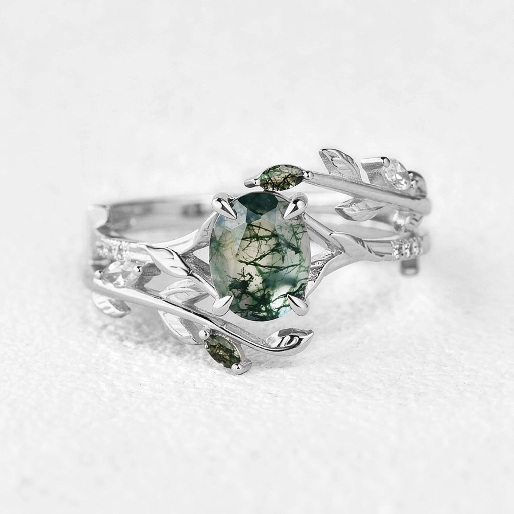 Cordelia’s Branching | Moss Agate Leafy Split Band Bridal Set 2pcs.