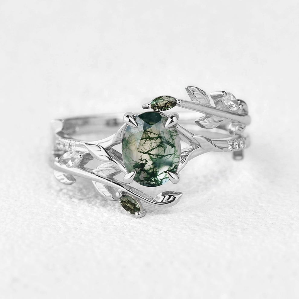 Cordelia’s Branching | Moss Agate Leafy Split Band Bridal Set 2pcs.