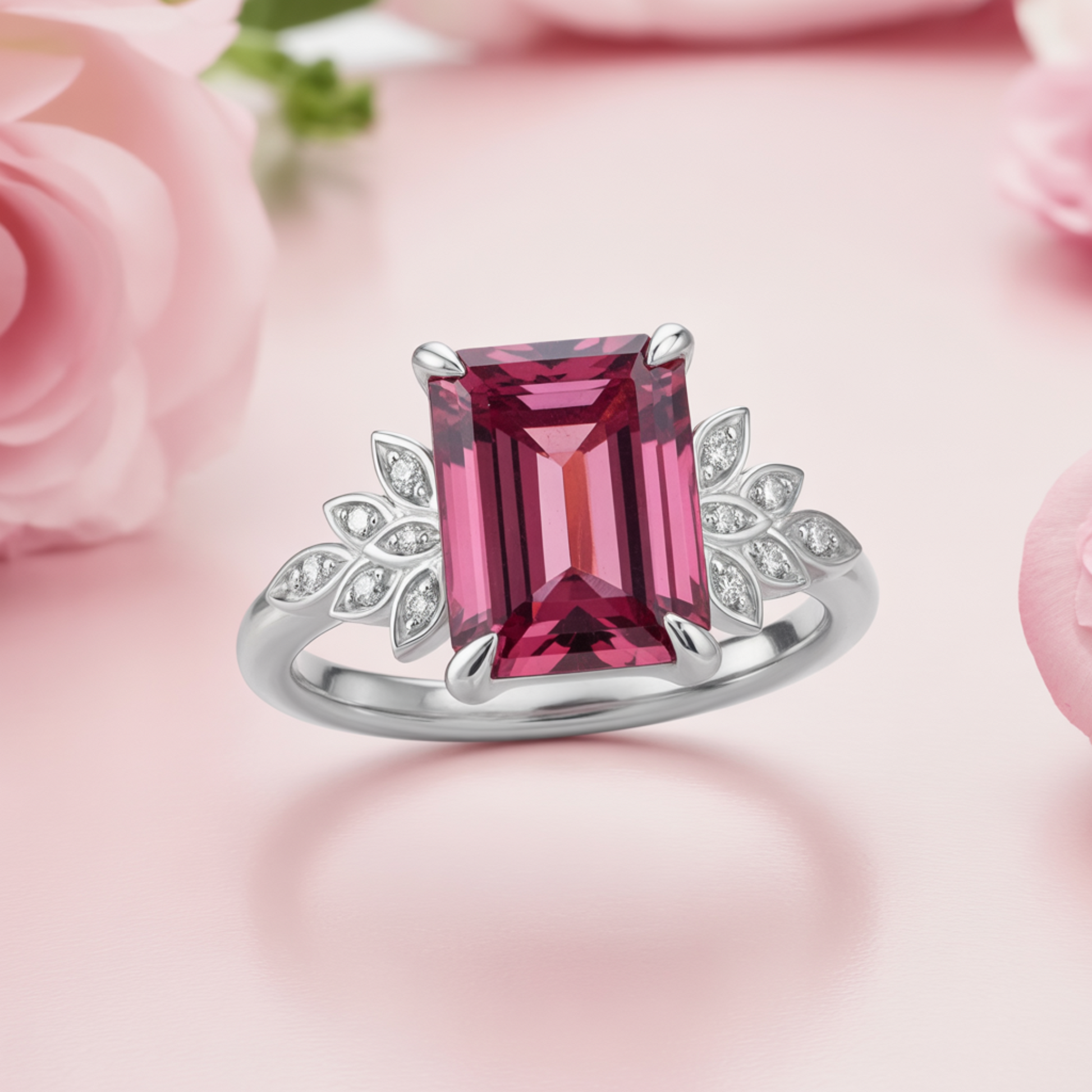 Alouette 3CT Red Emerald Cut Pink Gemstone Ring