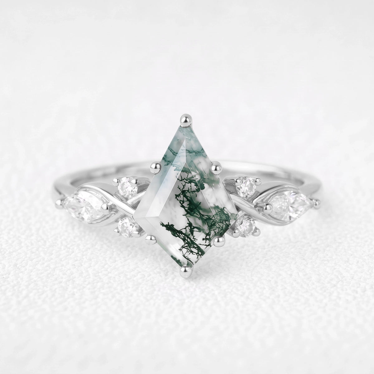 Isadora’s Grove | Kite Cut Moss Agate Leafy Engagement Ring