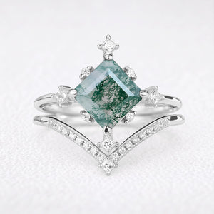 Hazel’s Convergence | Square Cut Moss Agate Chevron Bridal Duo