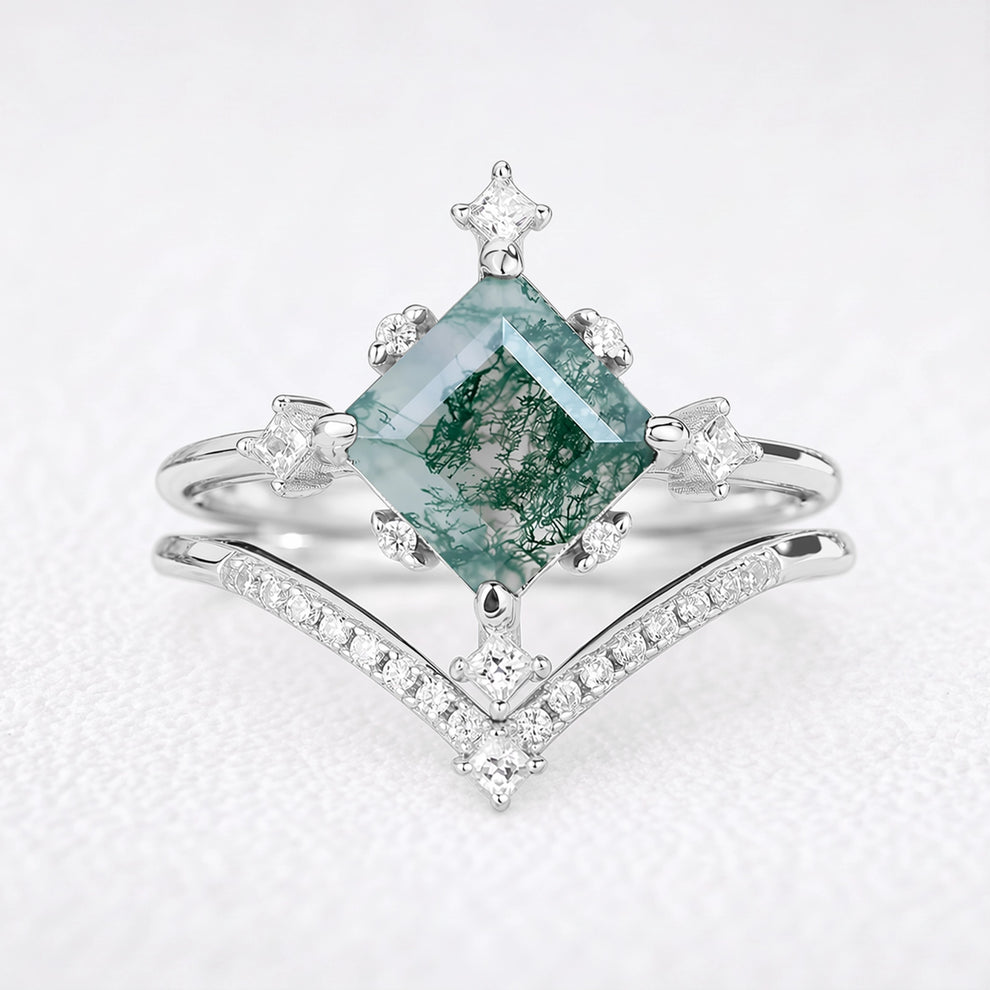Hazel’s Convergence | Square Cut Moss Agate Chevron Bridal Duo