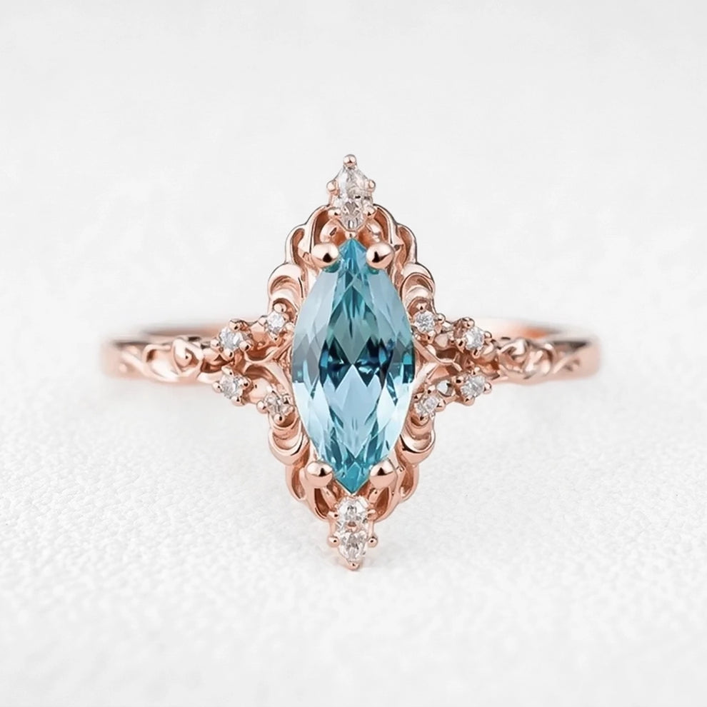 Aurora’s Filigree | Marquise Aquamarine Engagement Ring
