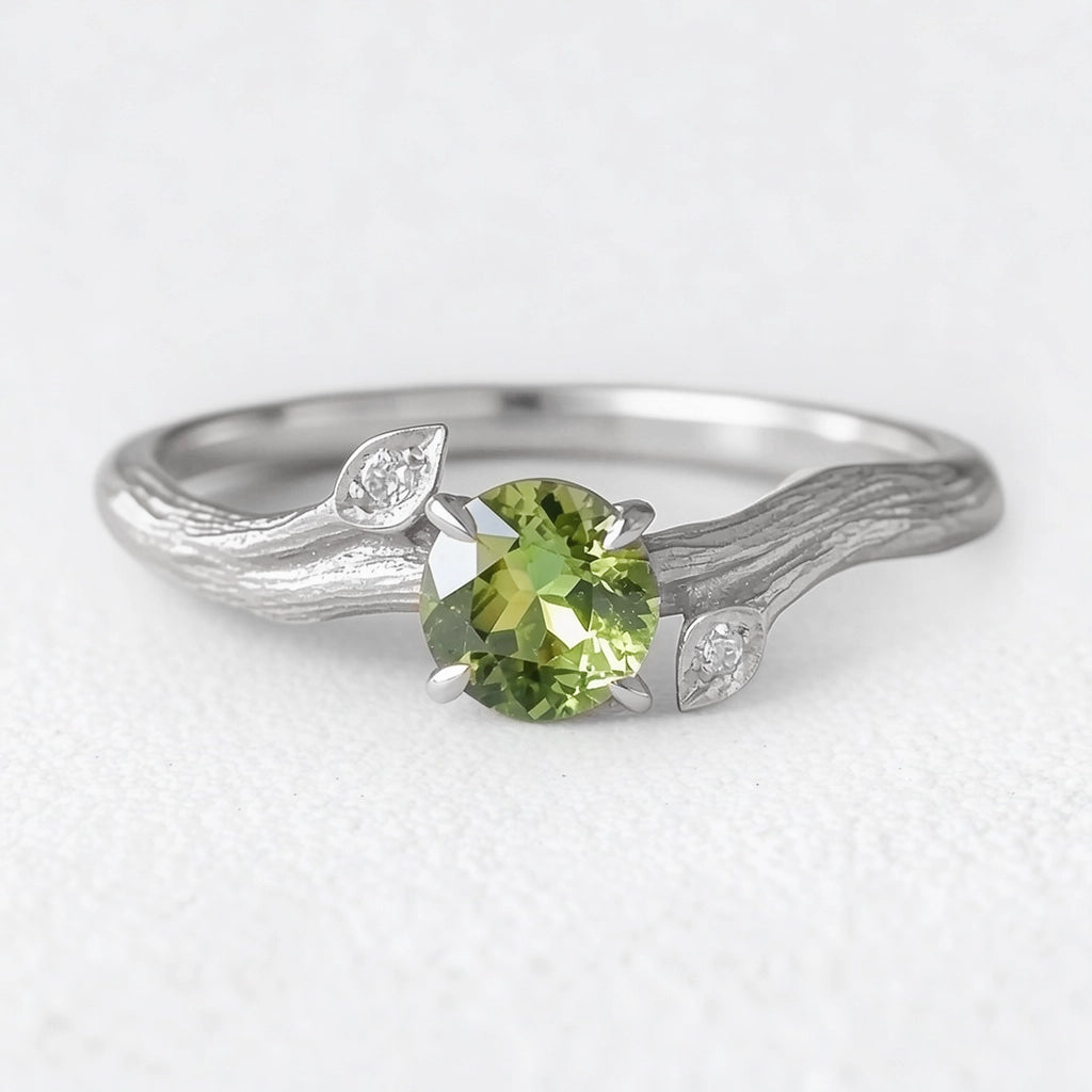 Ivy’s Verdant | Round Peridot Vine Engagement Ring.