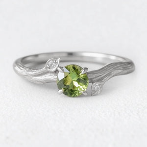 Ivy’s Verdant | Round Peridot Vine Engagement Ring.