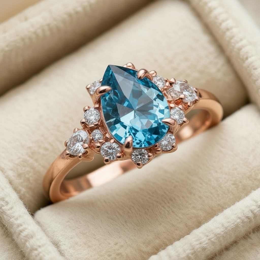 Cora‘s Lagoon | Pear Cut Blue Sapphire Halo Ring.