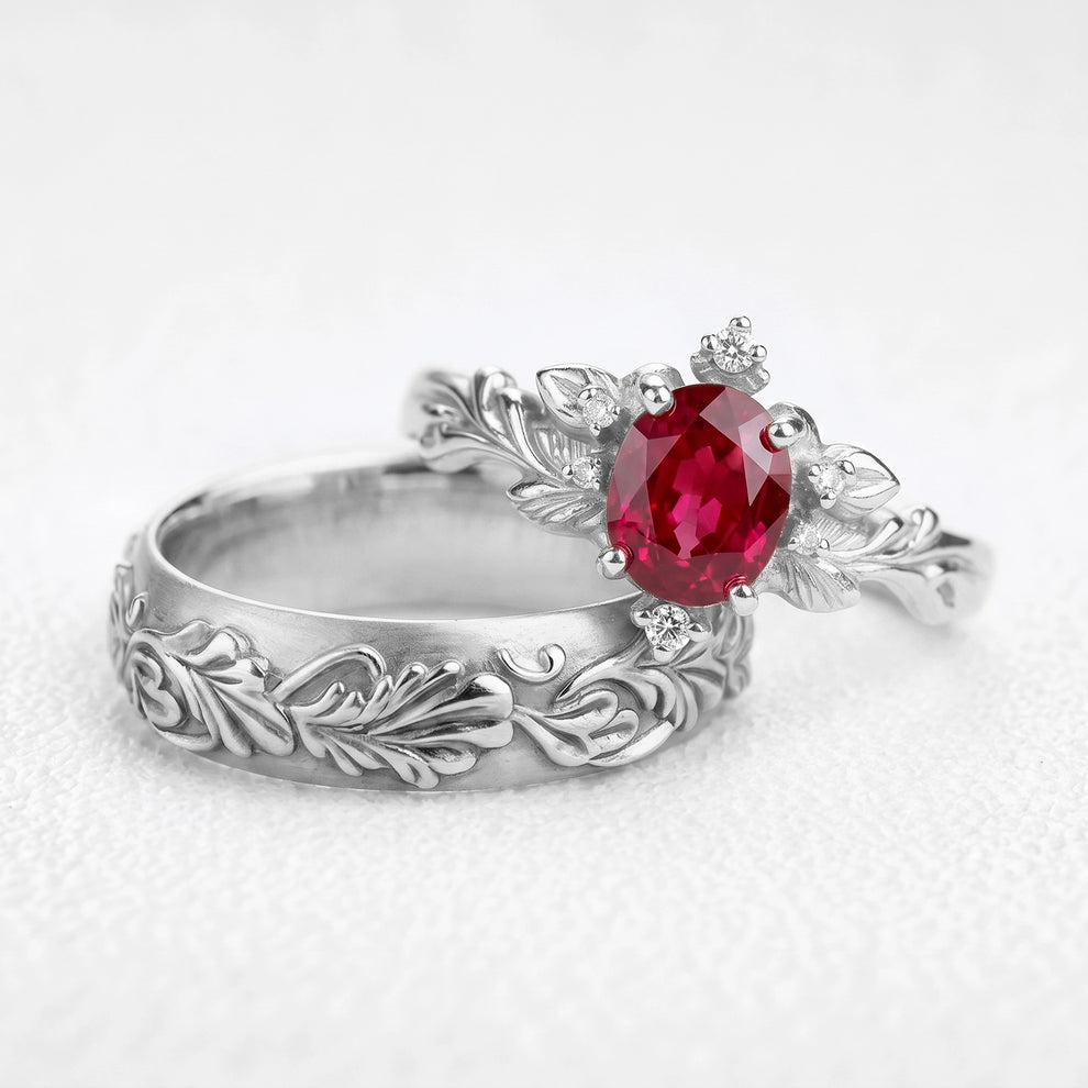 Aurora’s Ember | Oval Ruby Vintage & Noble Oak Band Couple Set