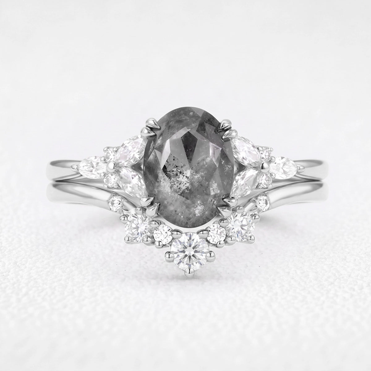 Isadora’s Bloom | 1CT Vintage Oval Salt & Pepper Diamond Cluster & Chevron Bridal Duo